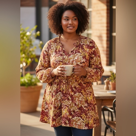 Torrid Rust Floral Gauze Esther Peasant Long Sleeve Blouse - Size 3 (22/24) - Picture 1 of 8